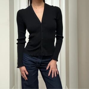 Vince Black Ribbed V-Neck Cardigan with ruffle hem